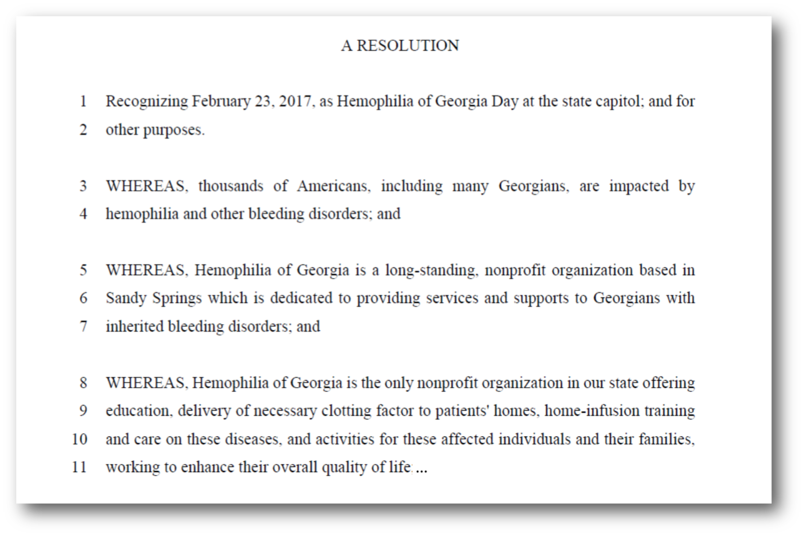 Hemophilia of Georgia Day at the State Capitol Resolution2