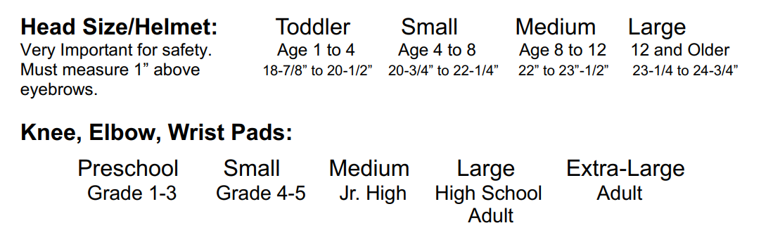 Safety and Prevention Program Size Chart